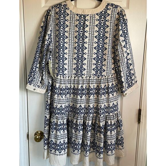 Figueroa & Flower NWT Tiered Boho Dress V-Neckline Blue Cream Geo Print Sz L - Picture 4 of 10